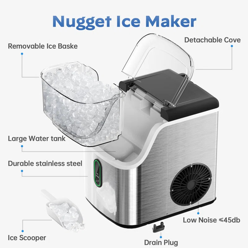 35 Lb. Nugget Stainless Steel Kitchen Countertop Ice Makers, Daily Production Chewable Ice Maker Machine for Camping and Party